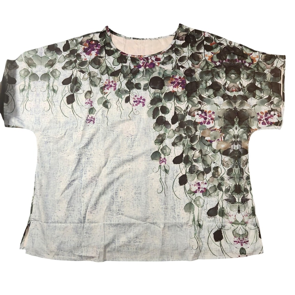 Floral Vine Print Shirt Womens Large Blue Green Short Sleeve Flowy Blouse Top